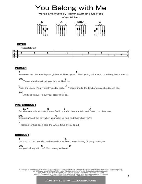 You Belong with Me (Taylor Swift): Lyrics and guitar chords by Liz Rose