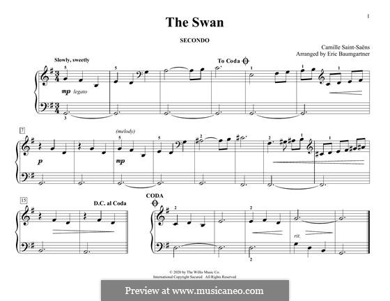 The Swan (printable scores): Для фортепиано в 4 руки by Камиль Сен-Санс