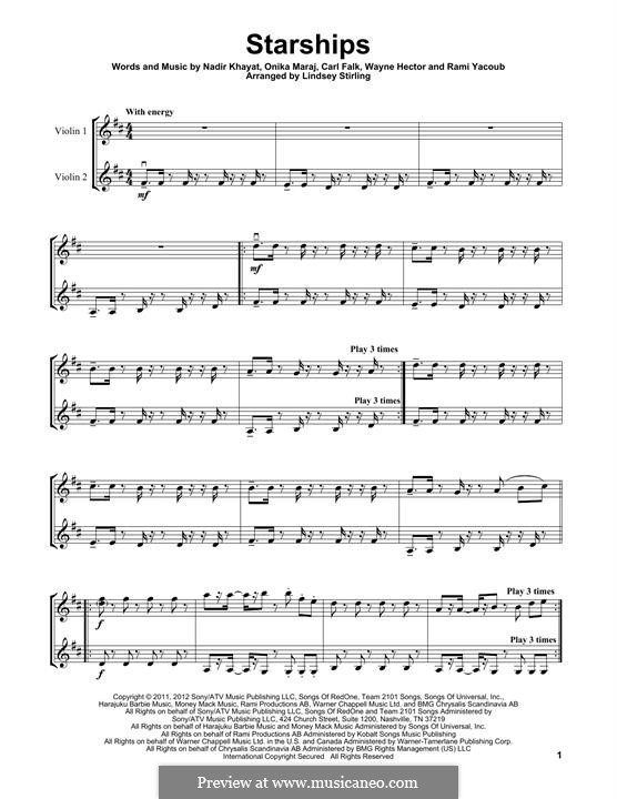 Starships (Pentatonix): For two violins (Lindsey Stirling) by RedOne, Carl Falk, Onika Maraj, Rami Yacoub, Wayne Anthony Hector