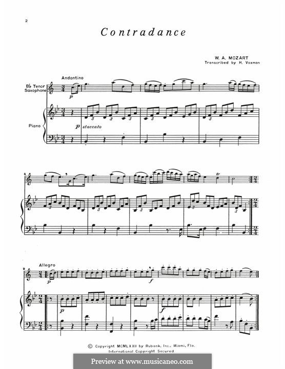 Contradance for Tenor Saxophone and Piano: Contradance for Tenor Saxophone and Piano by Вольфганг Амадей Моцарт