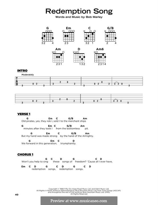 Redemption Song: Lyrics and guitar chords by Bob Marley