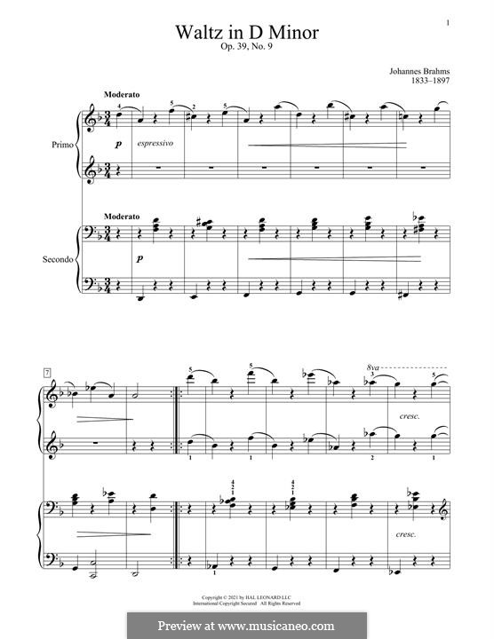 Вальс No.9: Аранжировка для фортепиано в 4 руки by Иоганнес Брамс