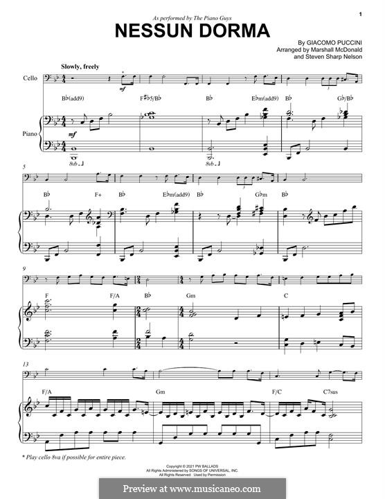 Turandot: Nessun dorma, for cello and piano (The Piano Guys) by Джакомо Пуччини