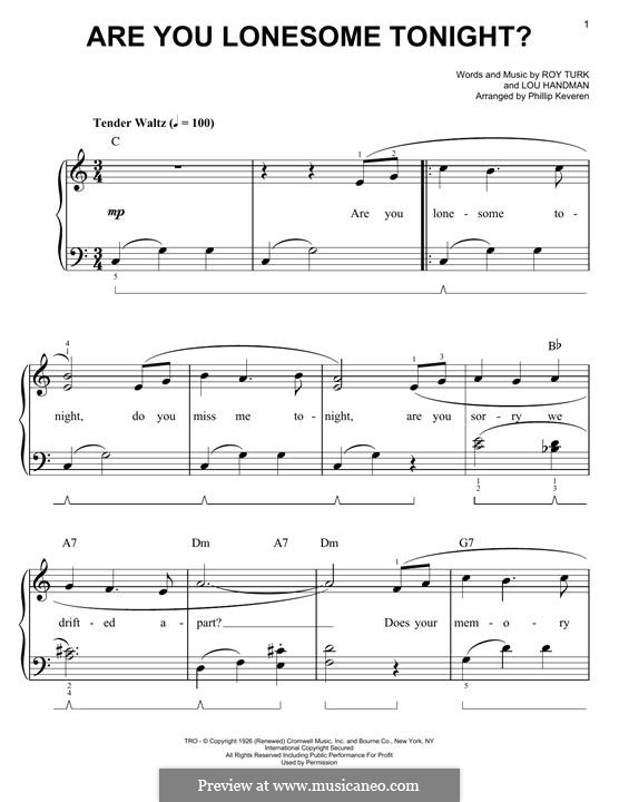 Are You Lonesome Tonight? (Elvis Presley): Для фортепиано (легкий уровень) by Lou Handman, Roy Turk