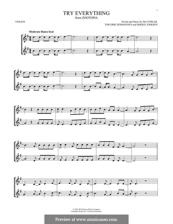 Try Everything (from Zootopia) Shakira: Для двух скрипок by Mikkel Storleer Eriksen, Sia Furler, Tor Erik Hermansen