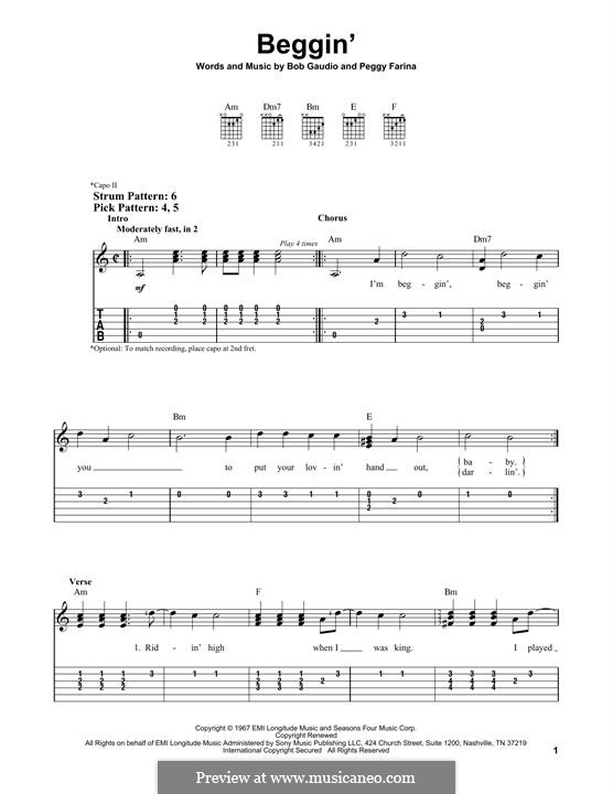 Beggin' (Maneskin): Гитарная табулатура by Bob Gaudio, Peggy Farina