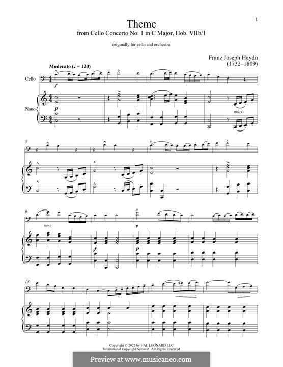 Концерт для виолончели с оркестром No.1 до мажор, Hob.VIIb/1: Theme, for cello and piano by Йозеф Гайдн