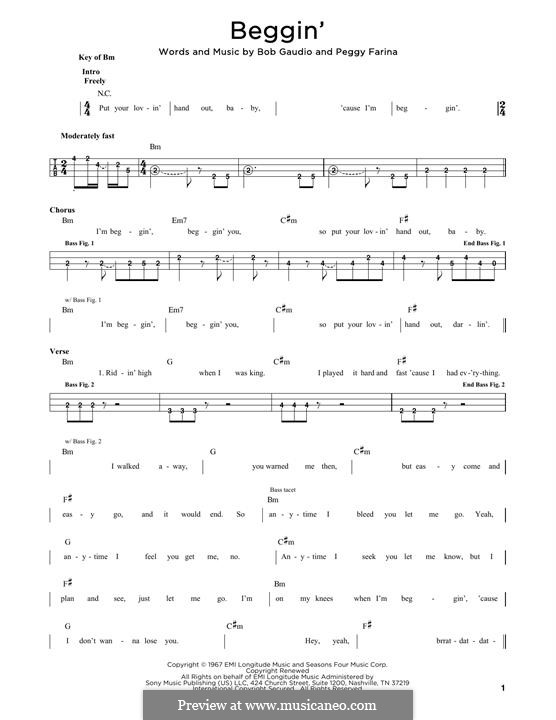 Beggin' (Maneskin): Для бас-гитары с табулатурой by Bob Gaudio, Peggy Farina