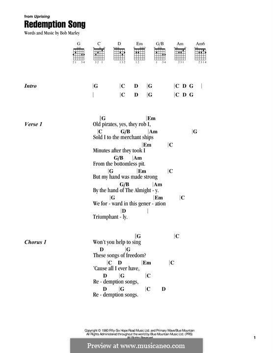 Redemption Song: Гитарная табулатура by Bob Marley