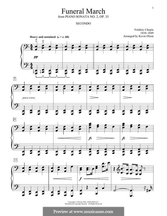 Соната для фортепиано No.2 си-бемоль минор, Op.35: Movement III (Theme), for piano four hands by Фредерик Шопен