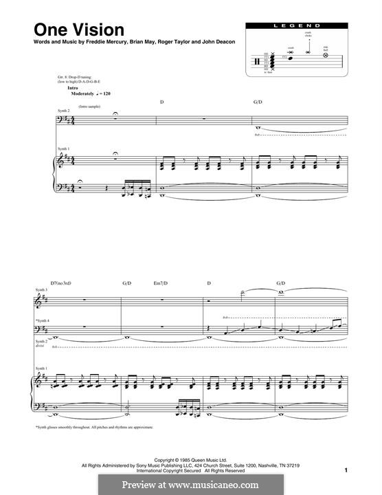 One Vision (Queen): Transcribed score by Brian May, Freddie Mercury, John Deacon, Roger Taylor