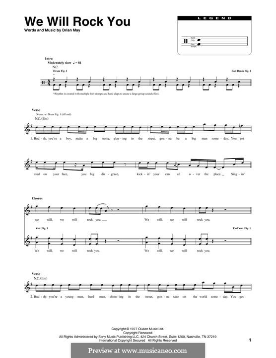 We Will Rock You (Queen): Transcribed score by Brian May