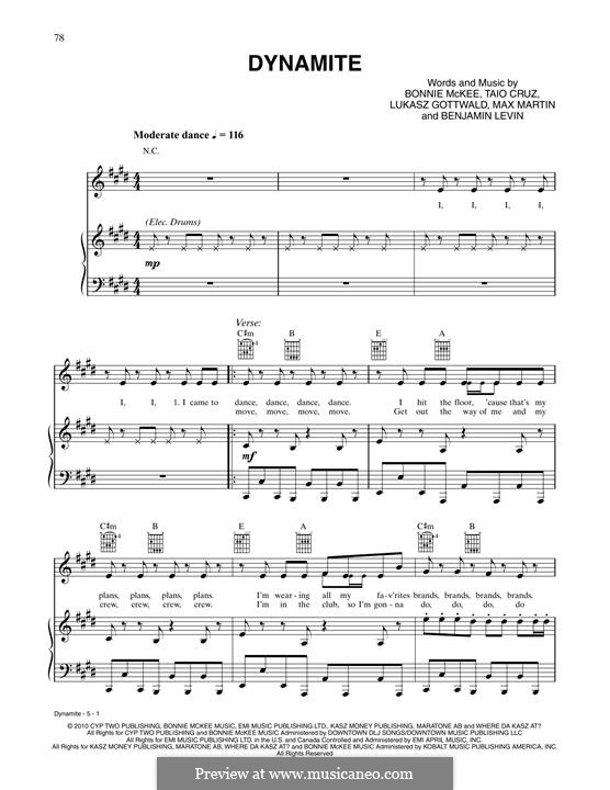 Dynamite (Taio Cruz): Для голоса и фортепиано (или гитары) by Benjamin Levin, Bonnie McKee, Lukas Gottwald, Max Martin