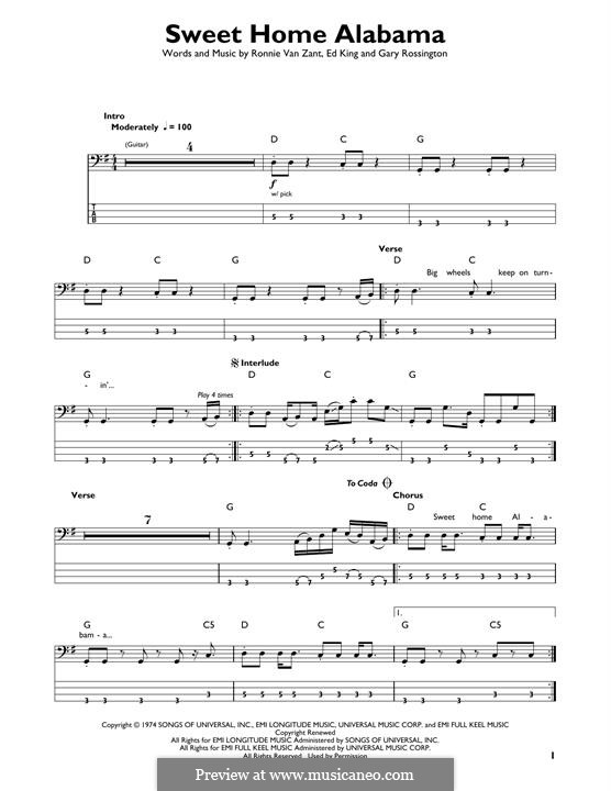 Sweet Home Alabama (Lynyrd Skynyrd): Для бас-гитары с табулатурой by Ed King, Gary Rossington, Ronnie Van Zant