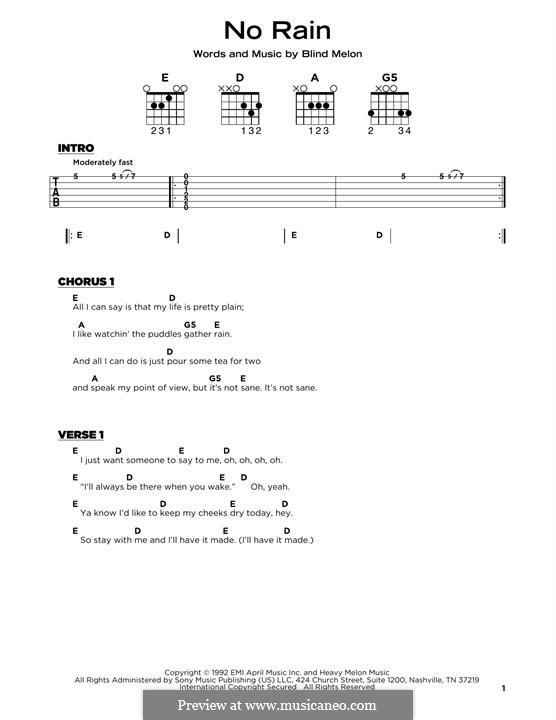 No Rain (Blind Melon): Lyrics and guitar chords by Brad Smith, Christopher Thorn, Glen Graham, Roger Stevens, Shannon Hoon