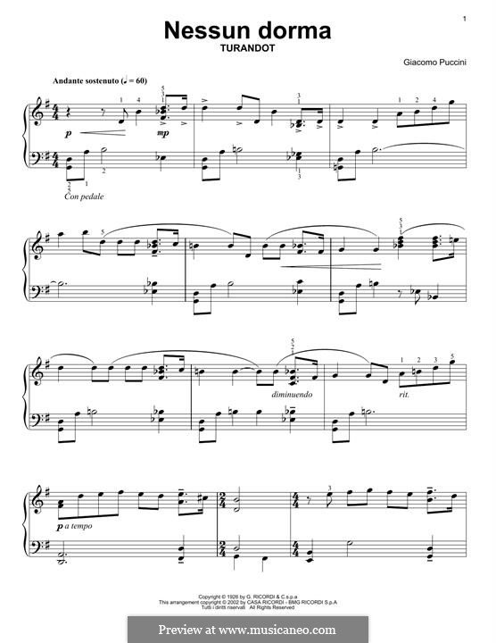 Turandot: Nessun dorma, for piano by Джакомо Пуччини