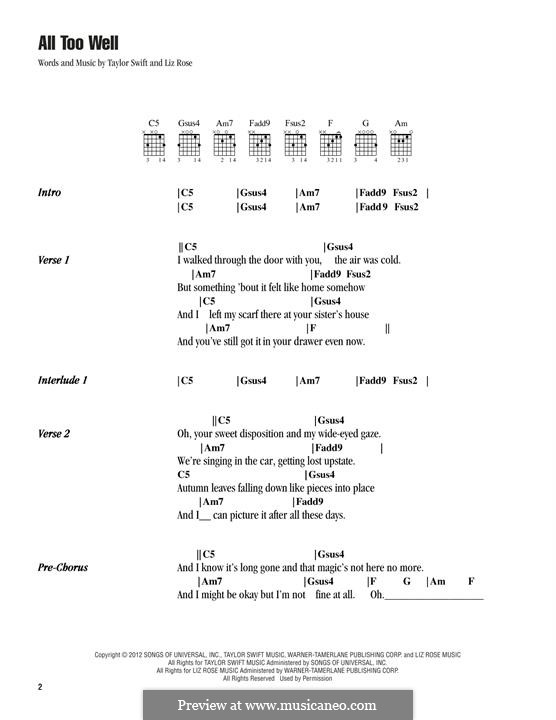 All Too Well (Taylor Swift): Lyrics and guitar chords by Liz Rose