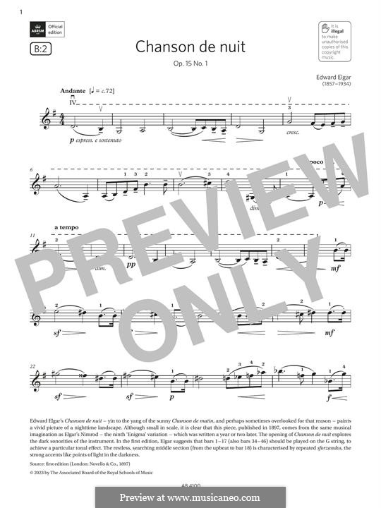 Две пьесы, Op.15: No.1 Chanson de nuit, for violin by Эдуард Элгар