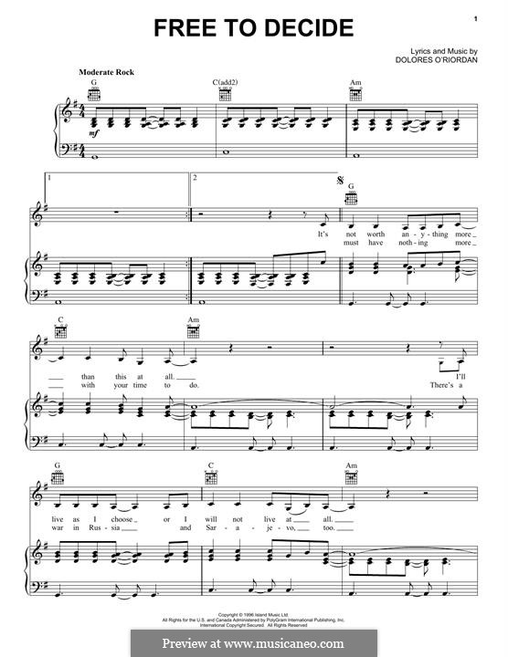 Free to Decide (The Cranberries): Для голоса и фортепиано (или гитары) by Dolores O'Riordan
