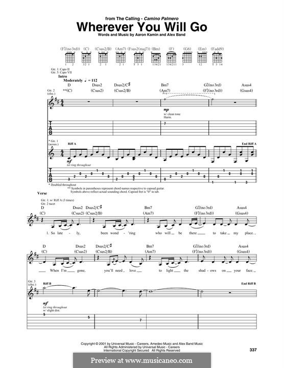 Wherever You Will Go (The Calling): Для гитары by Aaron Kamin, Alex Band