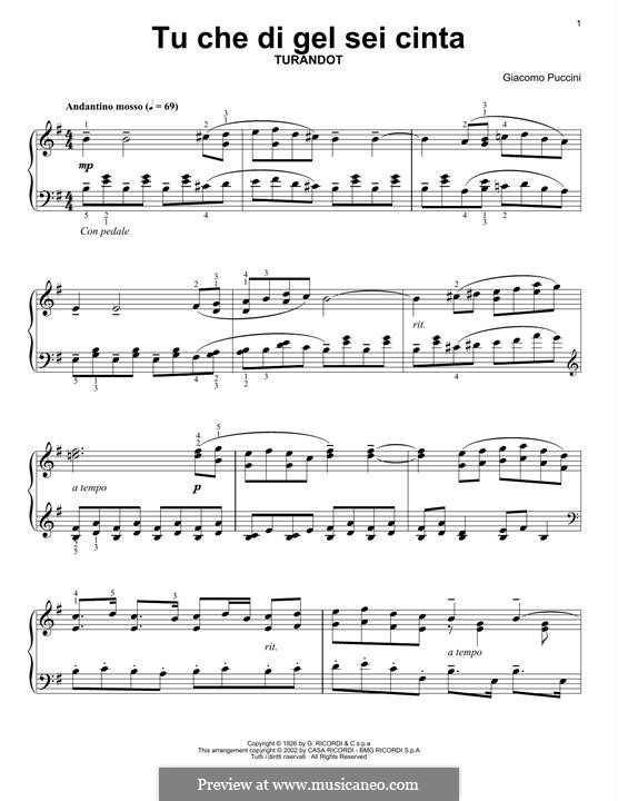 Turandot: Tu che di gel sei cinta, for piano by Джакомо Пуччини