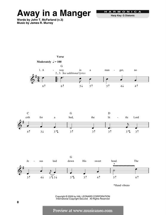 Away in a Manger (Printable Scores): For harmonica by Джеймс Р. Мюррей