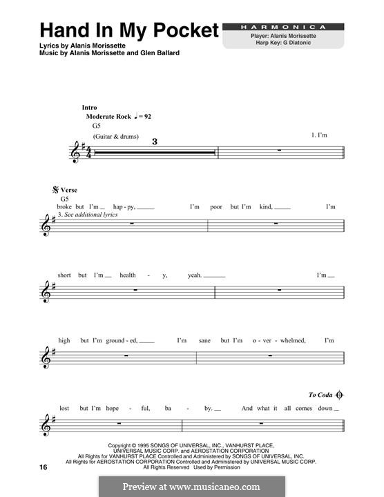 Hand In My Pocket (from Jagged Little Pill The Musical): For harmonica by Alanis Morissette, Glen Ballard