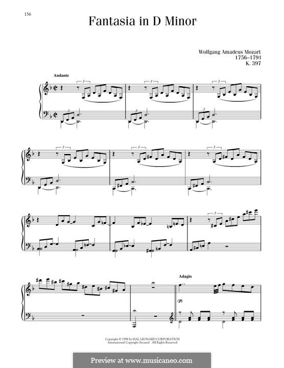 Фантазия для фортепиано No.3 ре минор, K.397: Для одного исполнителя by Вольфганг Амадей Моцарт