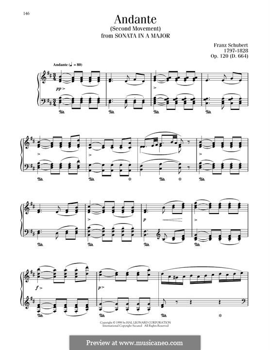 Соната для фортепиано No.13 ля мажор, D.664 Op.120: Andante by Франц Шуберт