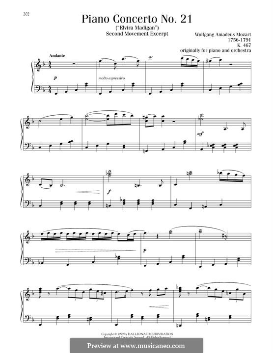 Концерт для фортепиано с оркестром No.21 до мажор, K.467: Часть II (Excerpt). Version for piano by Вольфганг Амадей Моцарт