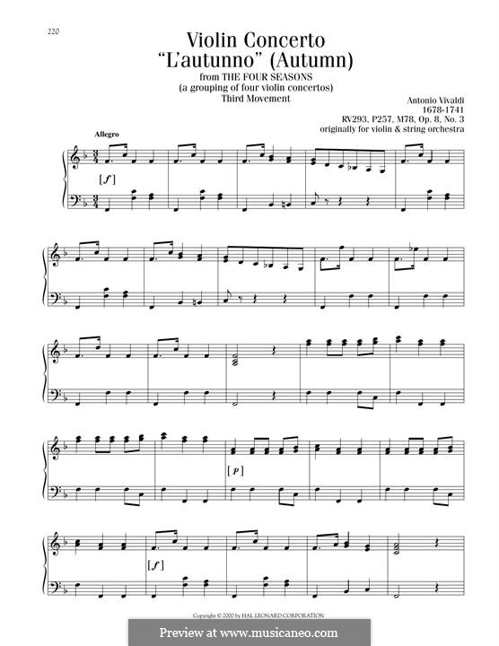 Концерт для скрипки с оркестром No.3 фа мажор 'Осень', RV 293: Movement III, excerpt, for piano by Антонио Вивальди