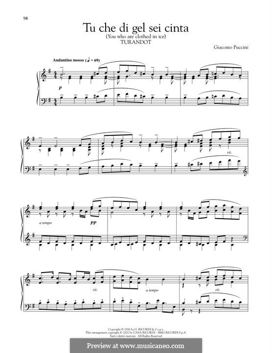 Turandot: Tu che di gel sei cinta, for piano by Джакомо Пуччини