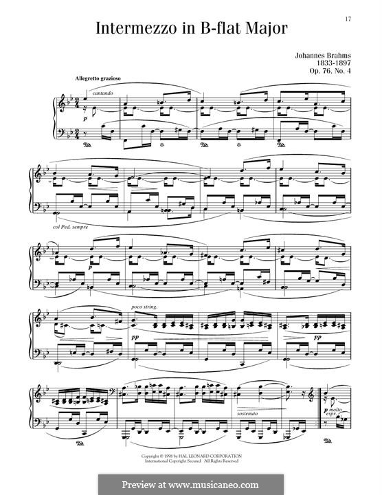 Восемь пьес, Op.76: No.4 Intermezzo in B Flat Major by Иоганнес Брамс