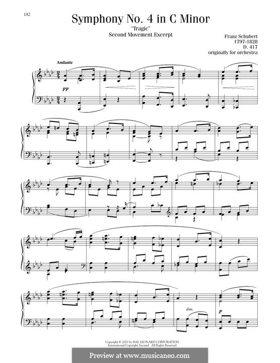 Симфония No.4 до минор 'Трагическая', D.417: Часть II (Тема). Версия для фортепиано by Франц Шуберт