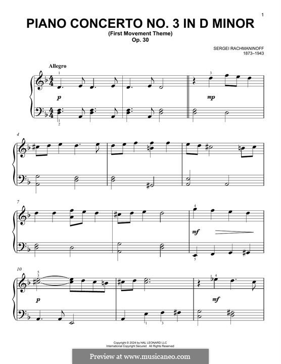 Концерт для фортепиано с оркестром No.3 ре минор, Op.30: Movement I (Theme). Arrangement for piano by Сергей Рахманинов