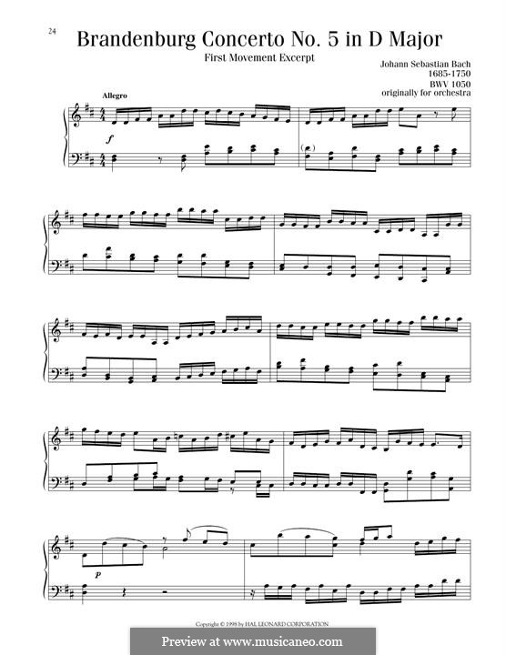 Бранденбургский концерт No.5 ре мажор, BWV 1050: Movement I (excerpt, for piano) by Иоганн Себастьян Бах