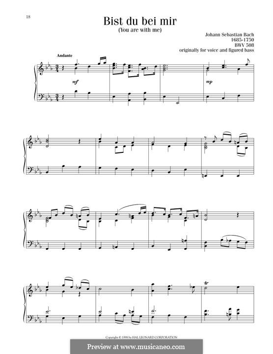 No.25 Bist du bei mir (You Are with Me), Printable scores, BWV 508: Для фортепиано by Иоганн Себастьян Бах