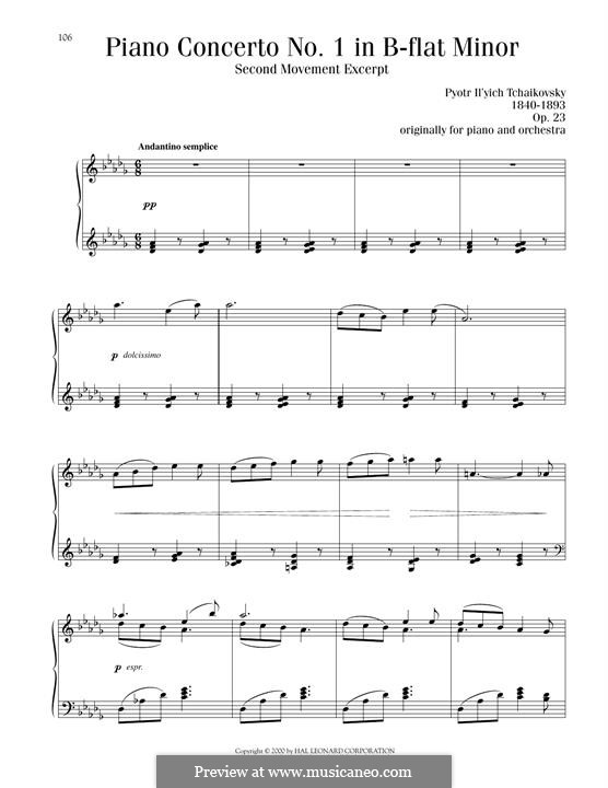 Концерт для фортепиано с оркестром No.1 си-бемоль минор, TH 55 Op.23: Movement II, excerpt, for piano by Петр Чайковский