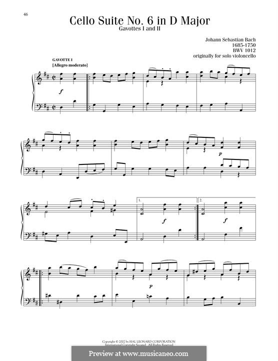 Сюита для виолончели No.6 ре мажор, BWV 1012: Gavottes No.1-2. Version for piano by Иоганн Себастьян Бах