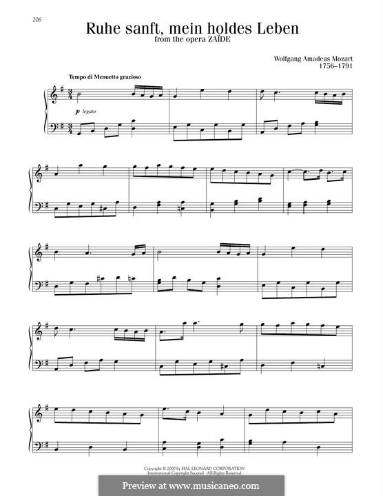 Заида, K.344: Ruhe sanf, du holdes Leben, for piano by Вольфганг Амадей Моцарт
