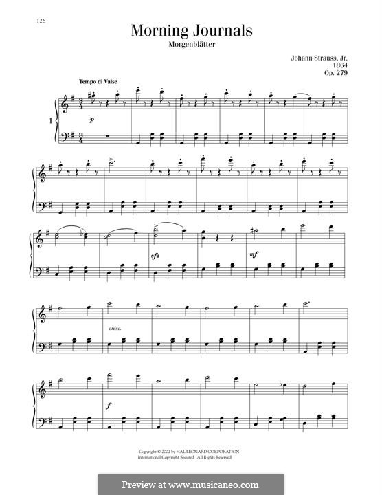 Утренние газеты, Op.279: Для фортепиано by Иоганн Штраус (младший)