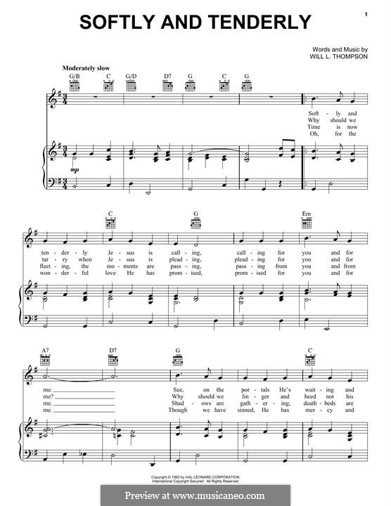 Softly and Tenderly: Для голоса и фортепиано (или гитары) by Will Lamartine Thompson