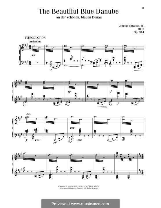 На прекрасном голубом Дунае, для фортепиано, Op.314: Для одного исполнителя by Иоганн Штраус (младший)