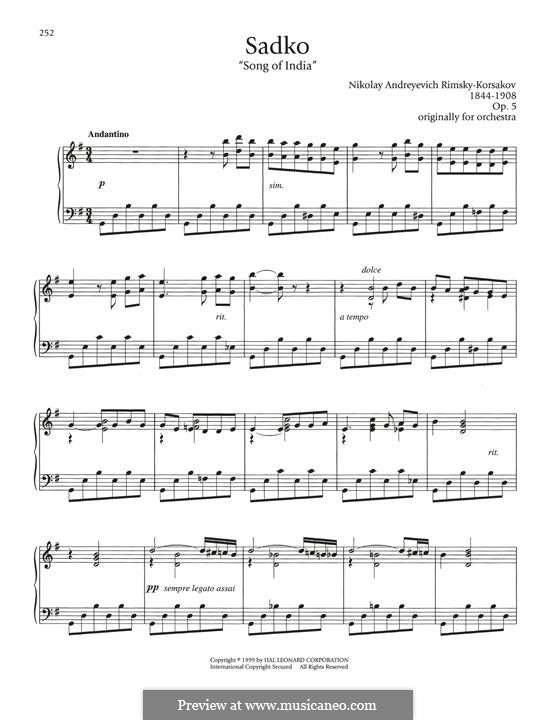 Садко. Опера: Song of India, for piano by Николай Римский-Корсаков