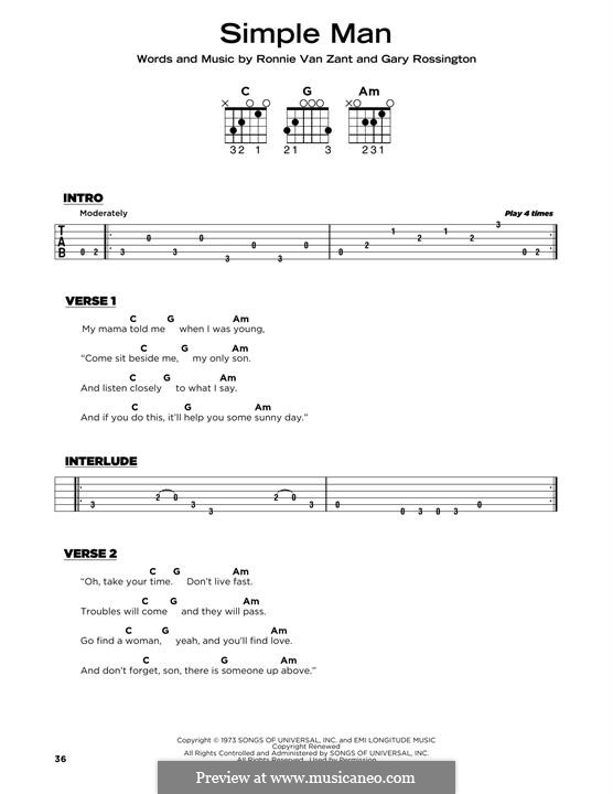 Simple Man (Lynyrd Skynyrd): Lyrics and guitar chords by Gary Rossington, Ronnie Van Zant