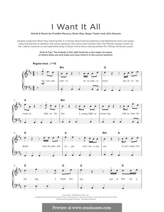 I Want it All (Queen): Для фортепиано (легкий уровень) by Brian May, Freddie Mercury, John Deacon, Roger Taylor