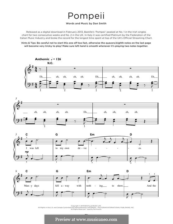 Pompeii (Bastille): Для фортепиано (легкий уровень) by Daniel Campbell Smith