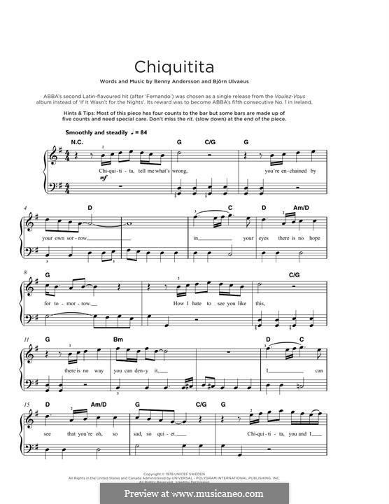 Chiquitita (ABBA): Для фортепиано by Benny Andersson, Björn Ulvaeus