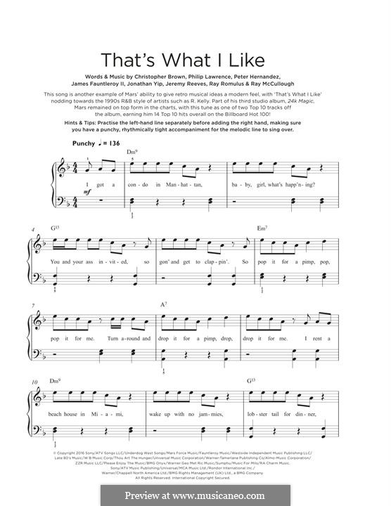 That's What I Like: Для фортепиано by James Fauntleroy II, Jeremy Reeves, Jonathan Yip, Bruno Mars, Philip Lawrence, Ray Romulus, Christopher Brody Brown, Ray Charles McCullough II