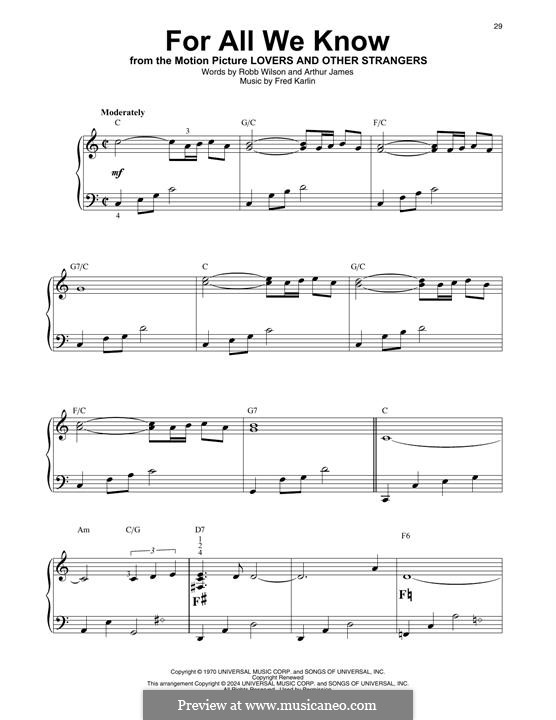 For All We Know (Carpenters): For harp by Fred Karlin, Jimmy Griffin, Robert Wilson